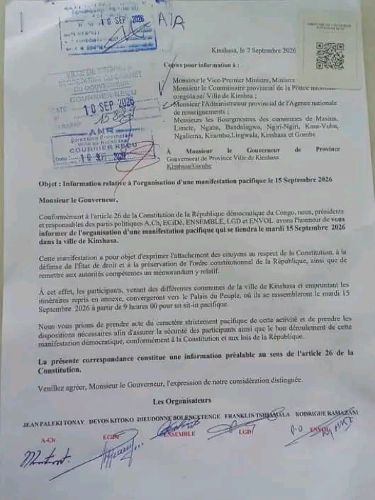 KINSHASA : LA C64 SAISIT L’HÔTEL DE VILLE POUR UNE MANIFESTATION PACIFIQUE PRÉVUE LE 15 SEPTEMBRE